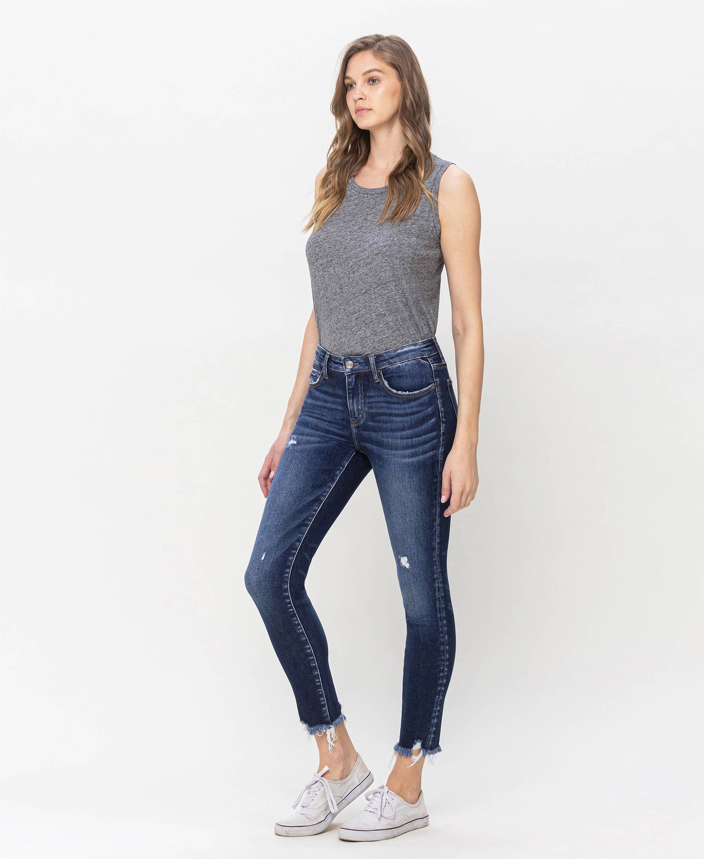 MID RISE UNEVEN RAW HEM CROP SKINNY JEANS LV1144