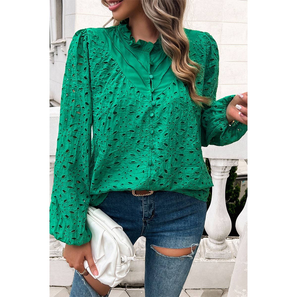 Solid Color Block Button Trim Hollow Out Blouse