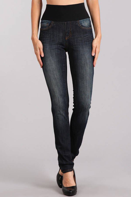 Dark Denim Wash Skinny Jeans with High Waist