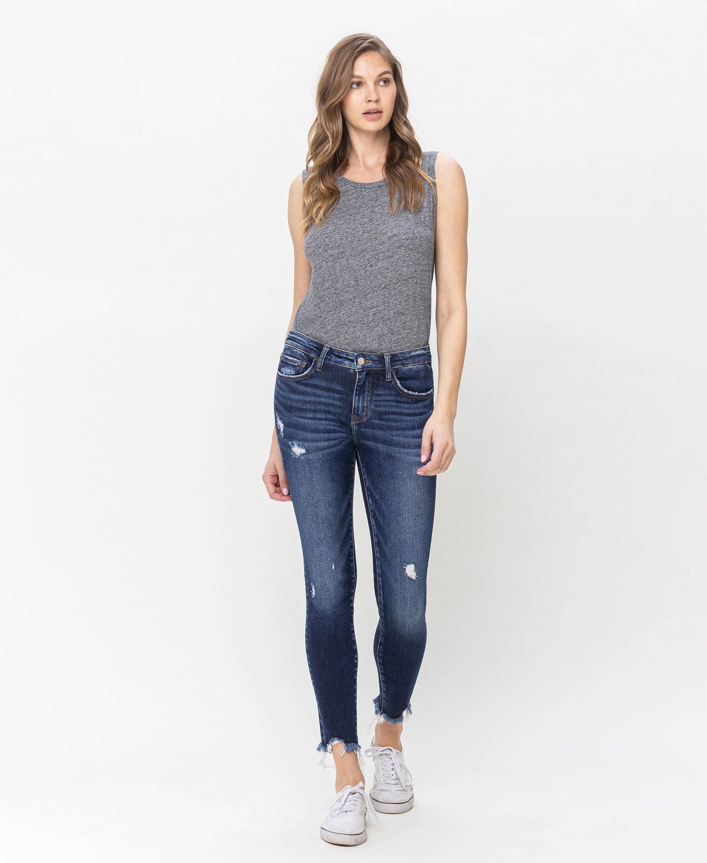 MID RISE UNEVEN RAW HEM CROP SKINNY JEANS LV1144