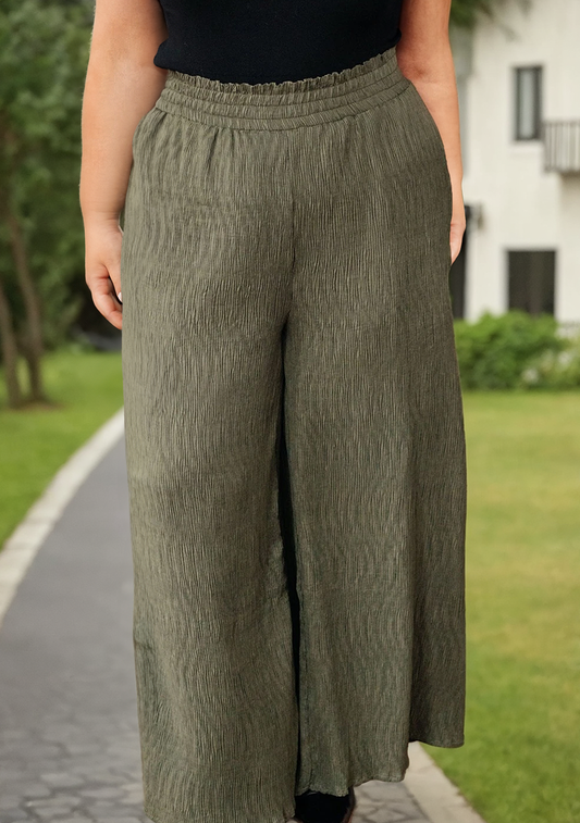 Plus Size Textured Shirred High Waist Casual Pants