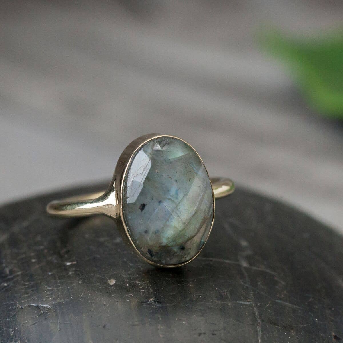 Simple Faceted Labradorite Brass Cocktail Ring