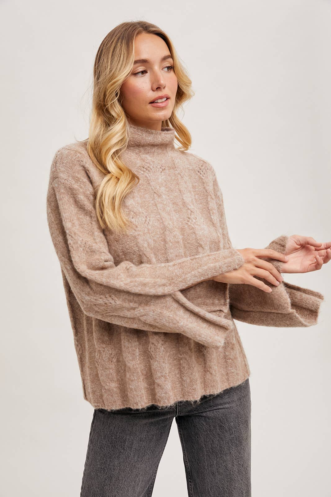 Mock Neck Slit Sleve Cable Knit Sweater