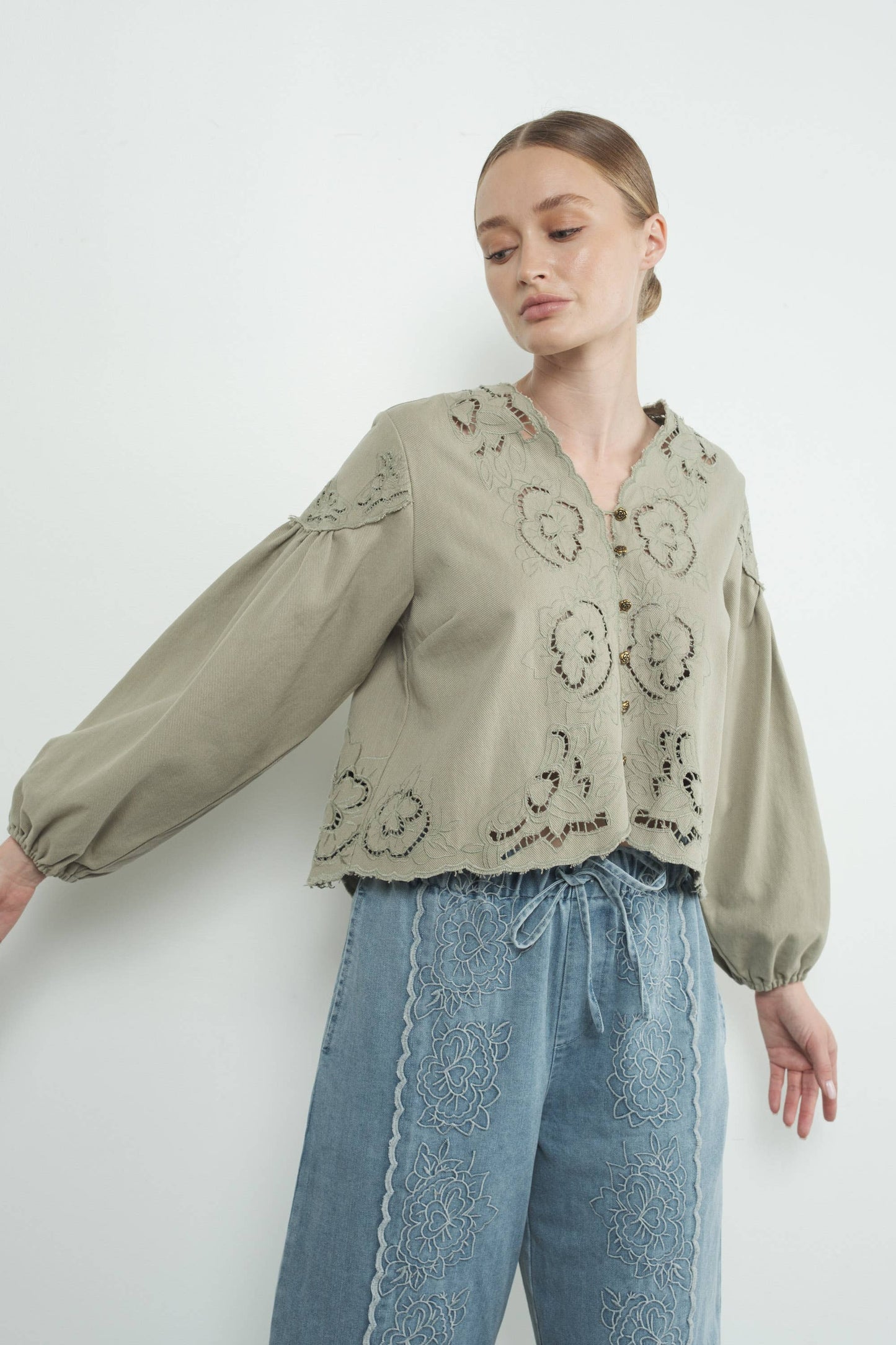 Denim Top with Embroidery detail and volume sleeve