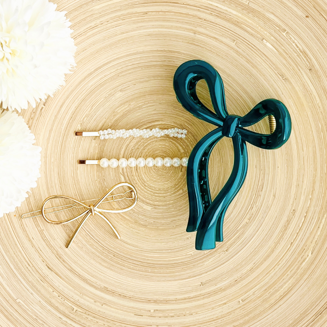 Bow Hair Claw and Clips Set | Teal Blue | Bow Hair Accessory