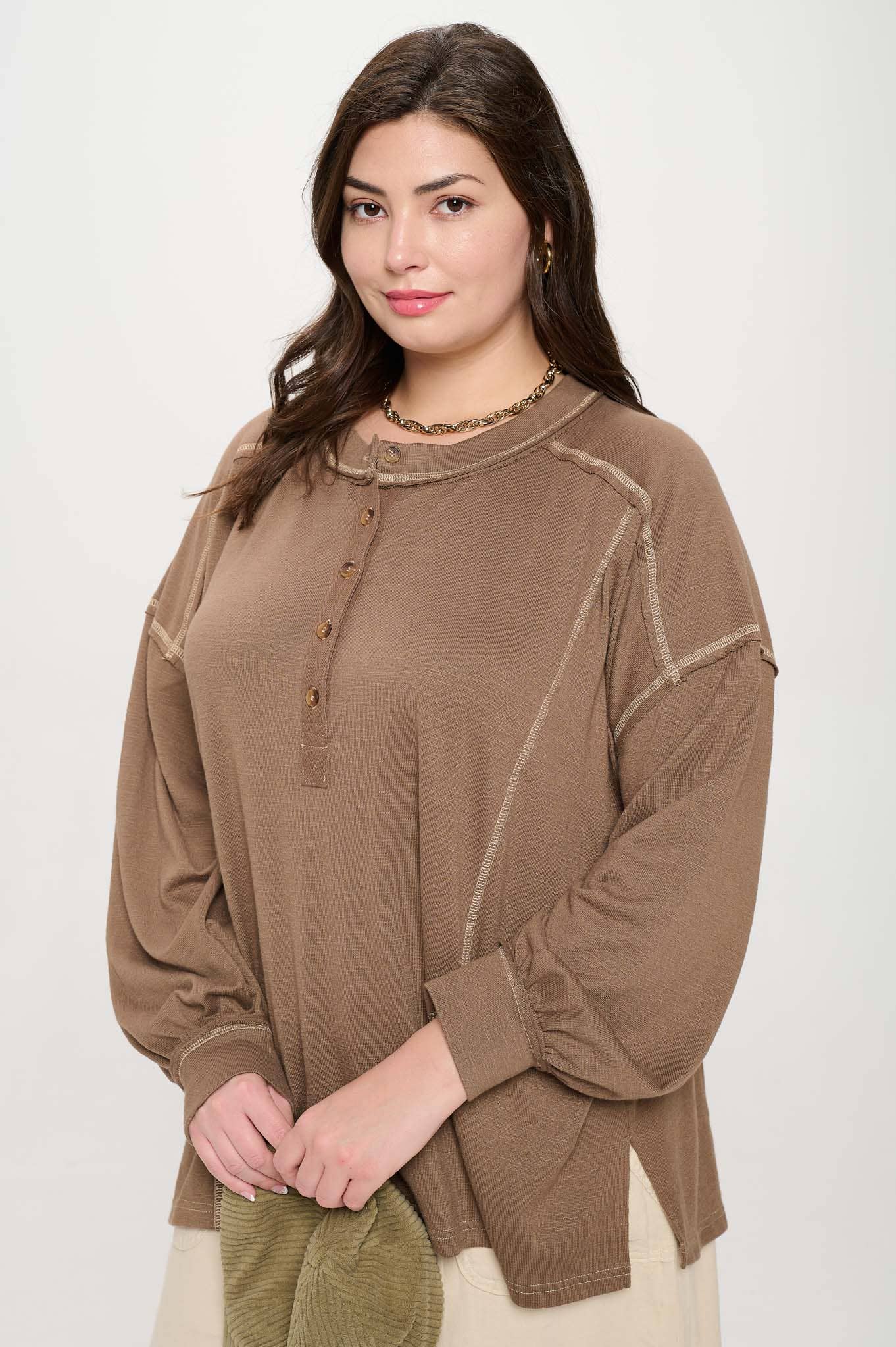 Plus Contrast Stitch Long Sleeve Knit Top