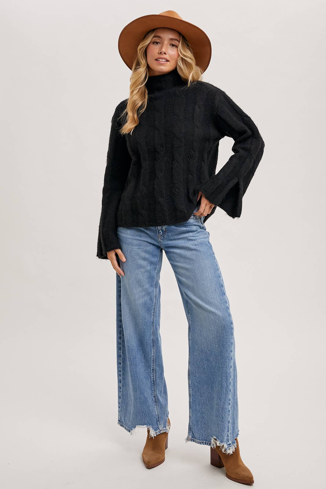 Mock Neck Slit Sleve Cable Knit Sweater