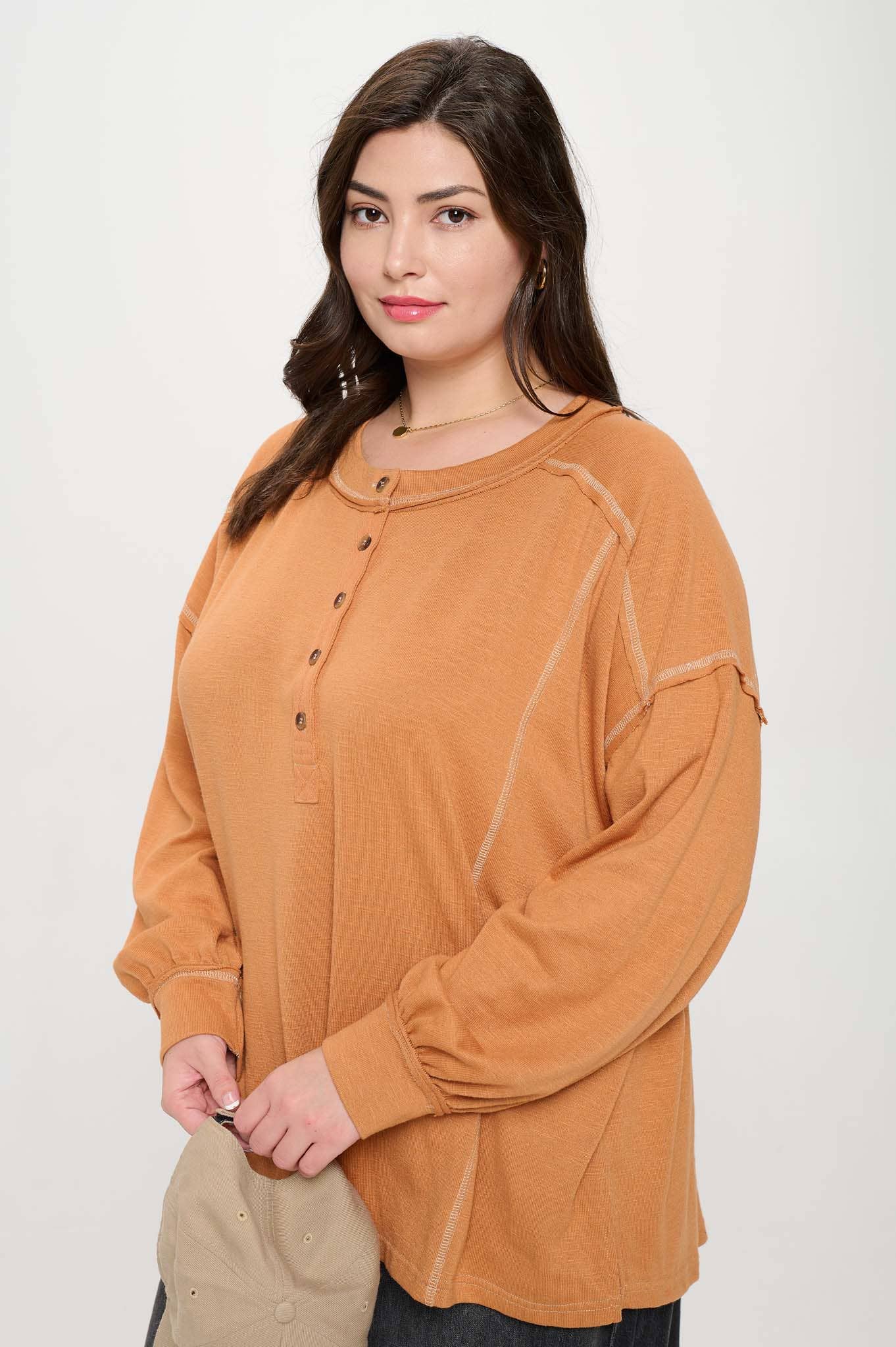 Plus Contrast Stitch Long Sleeve Knit Top