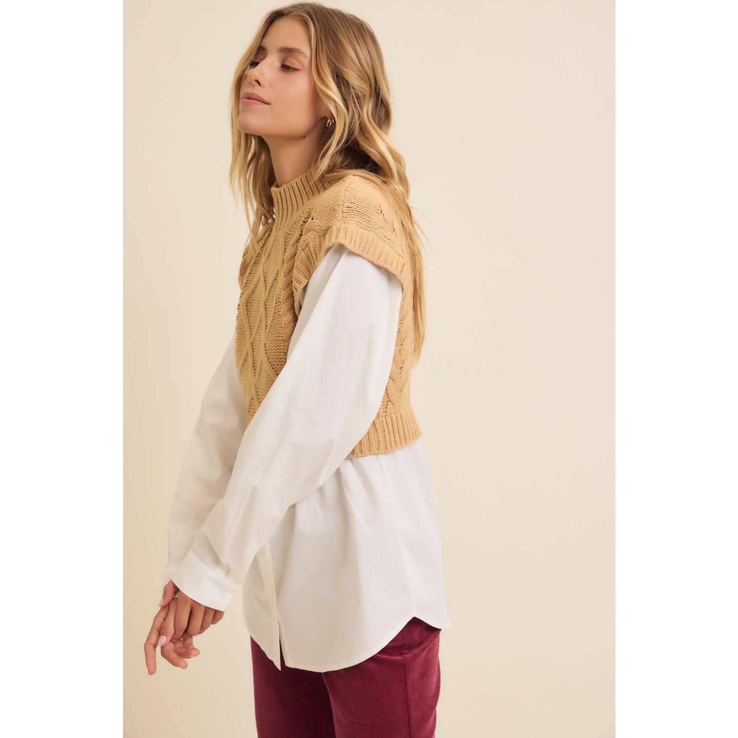 Mock Neck Cable Knit with Contrasting Bottom.