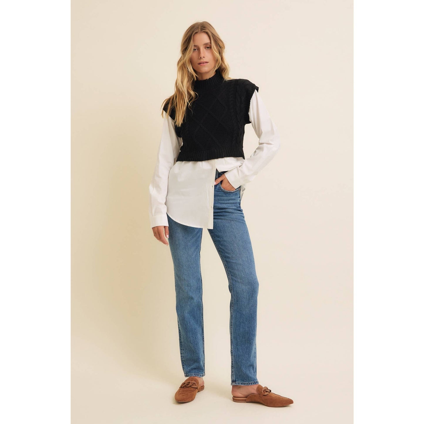 Mock Neck Cable Knit with Contrasting Bottom.