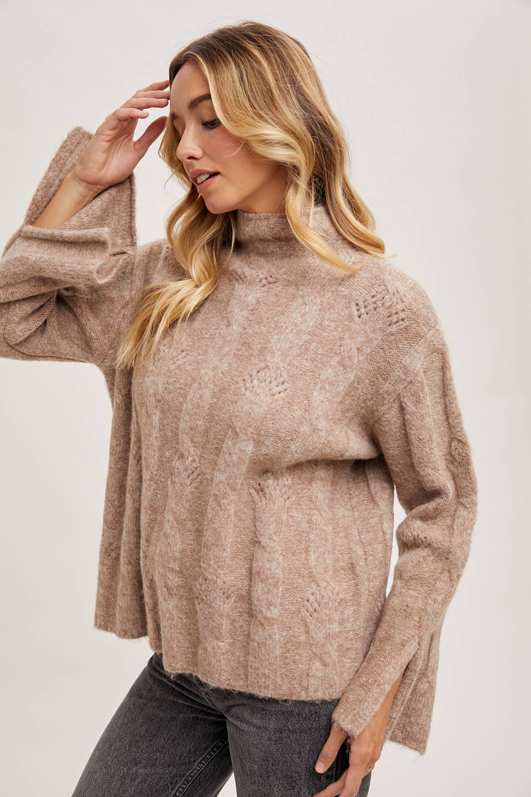 Mock Neck Slit Sleve Cable Knit Sweater