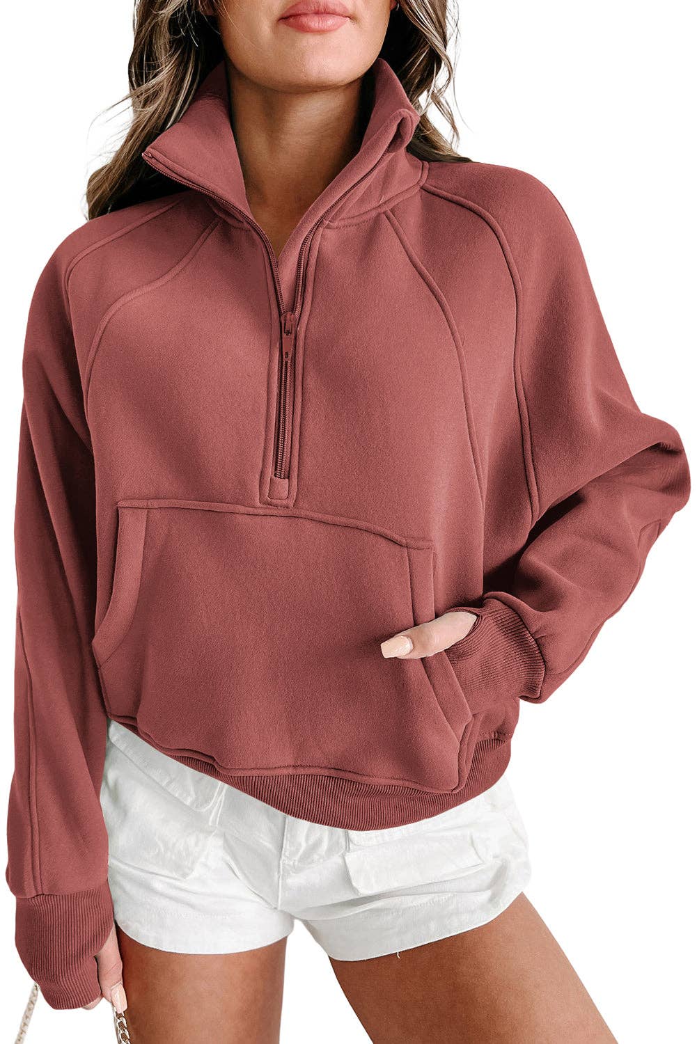 Zip Up Stand Collar Ribbed Thumbhole Sleeve Sweatshirt