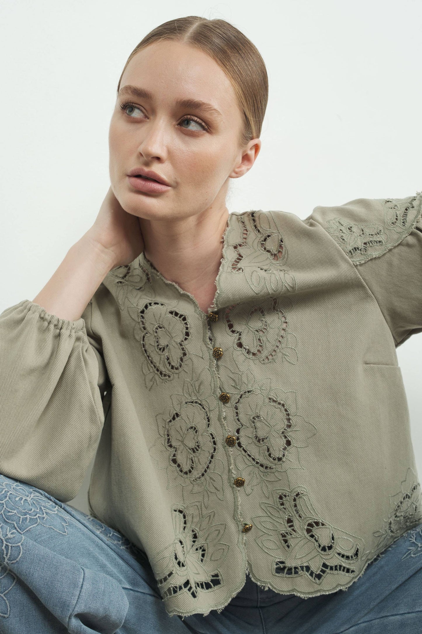 Denim Top with Embroidery detail and volume sleeve