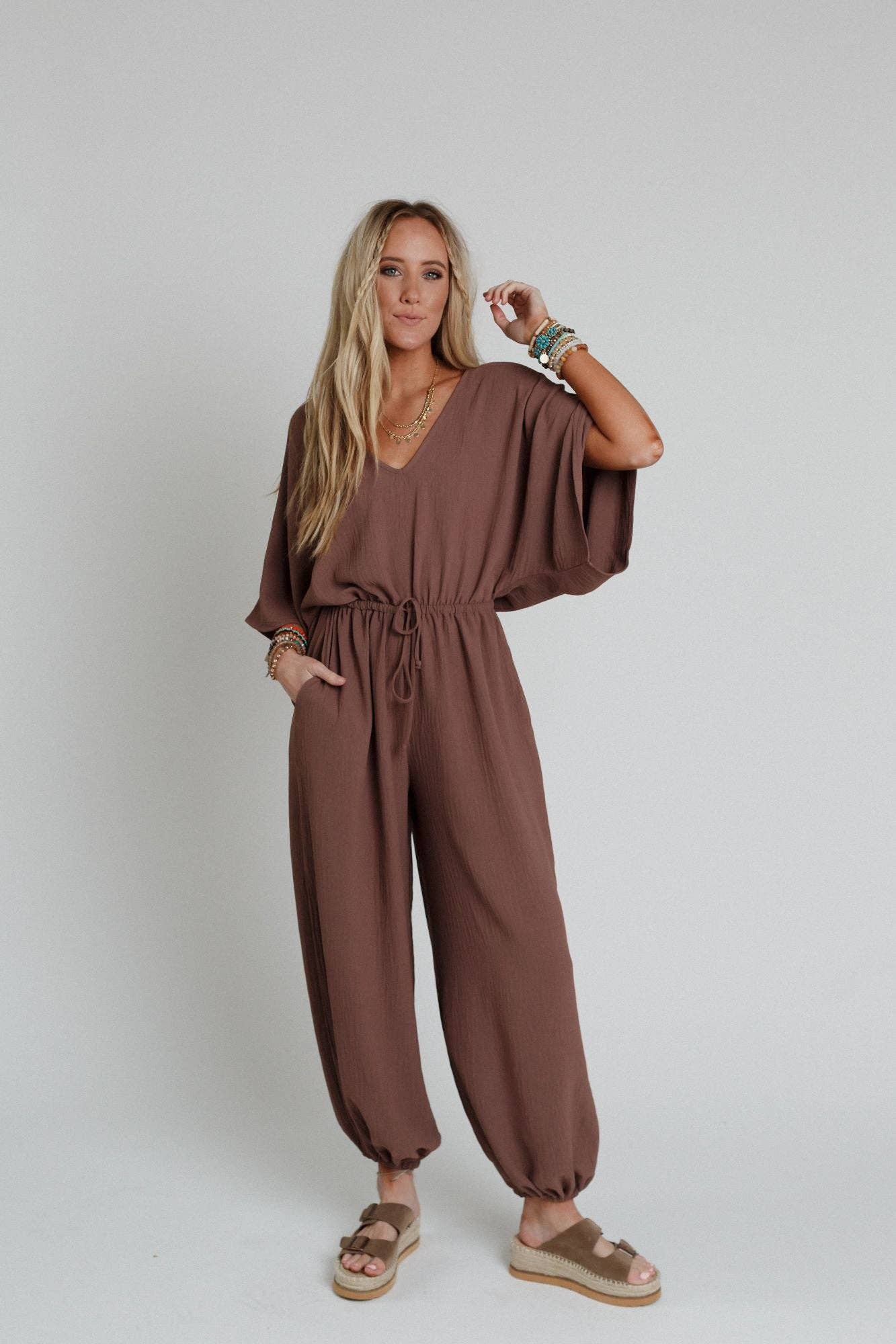 New Love Relaxed Drawstring Jumpsuit - Mocha