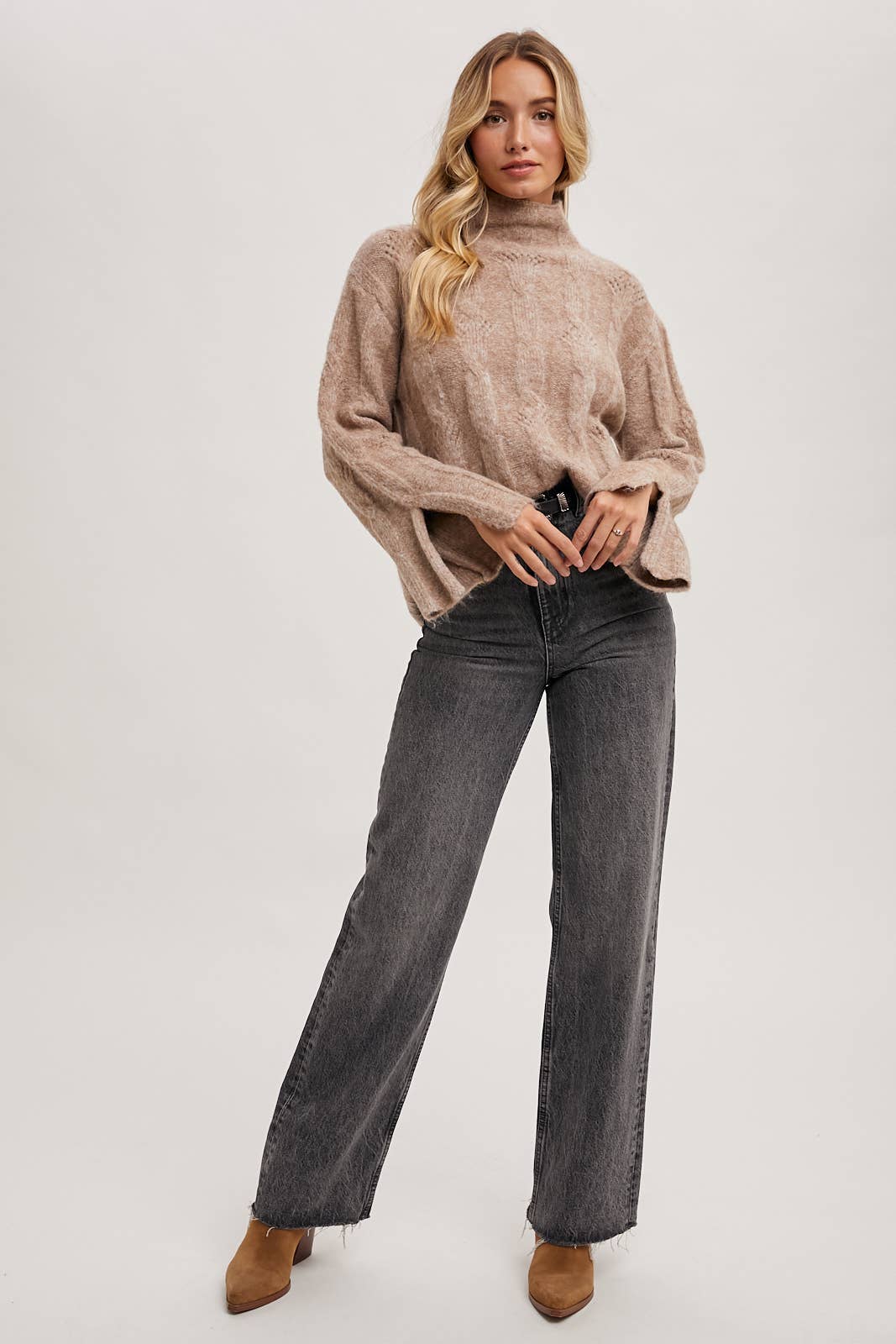 Mock Neck Slit Sleve Cable Knit Sweater