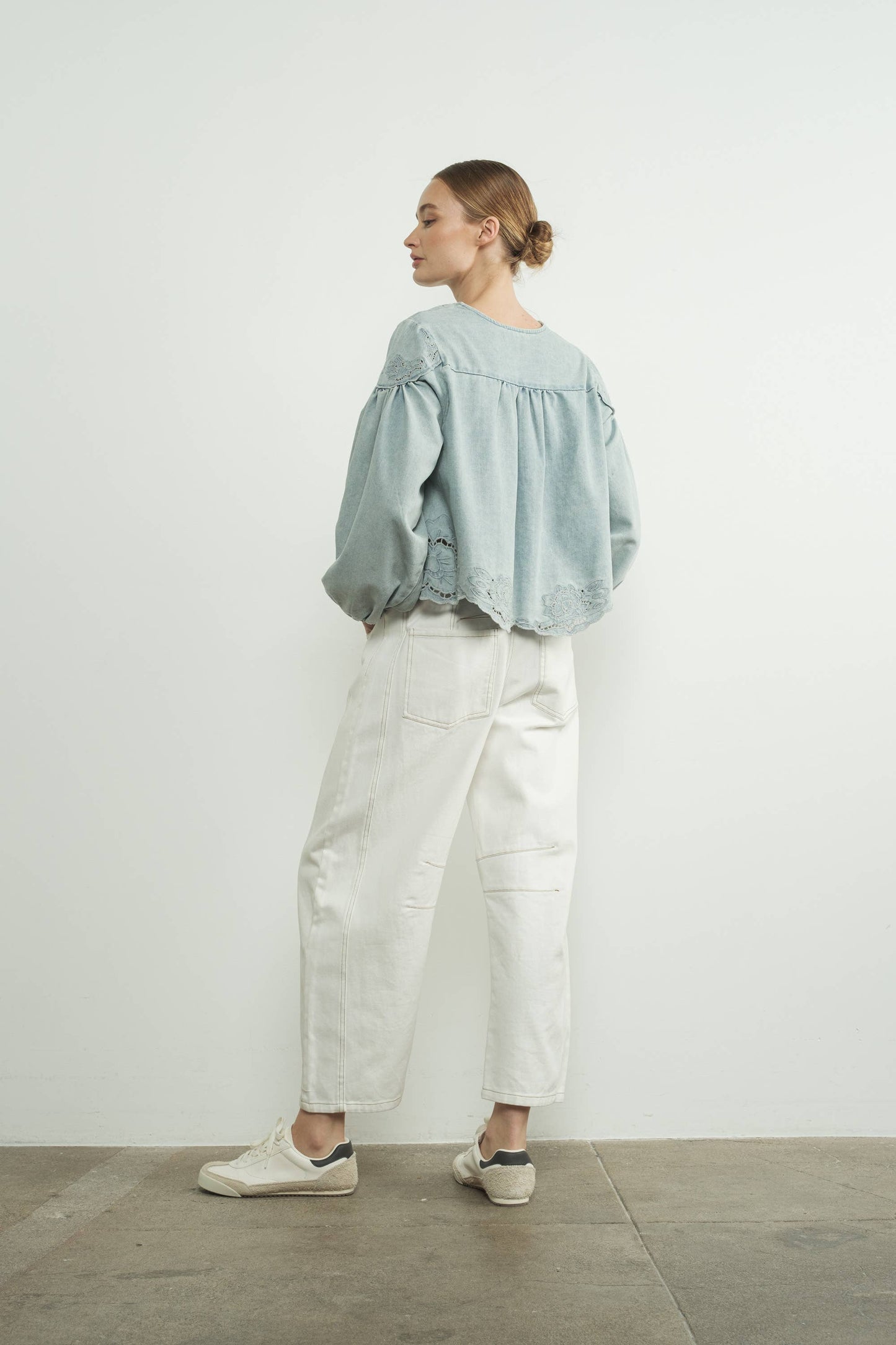 Denim Top with Embroidery detail and volume sleeve