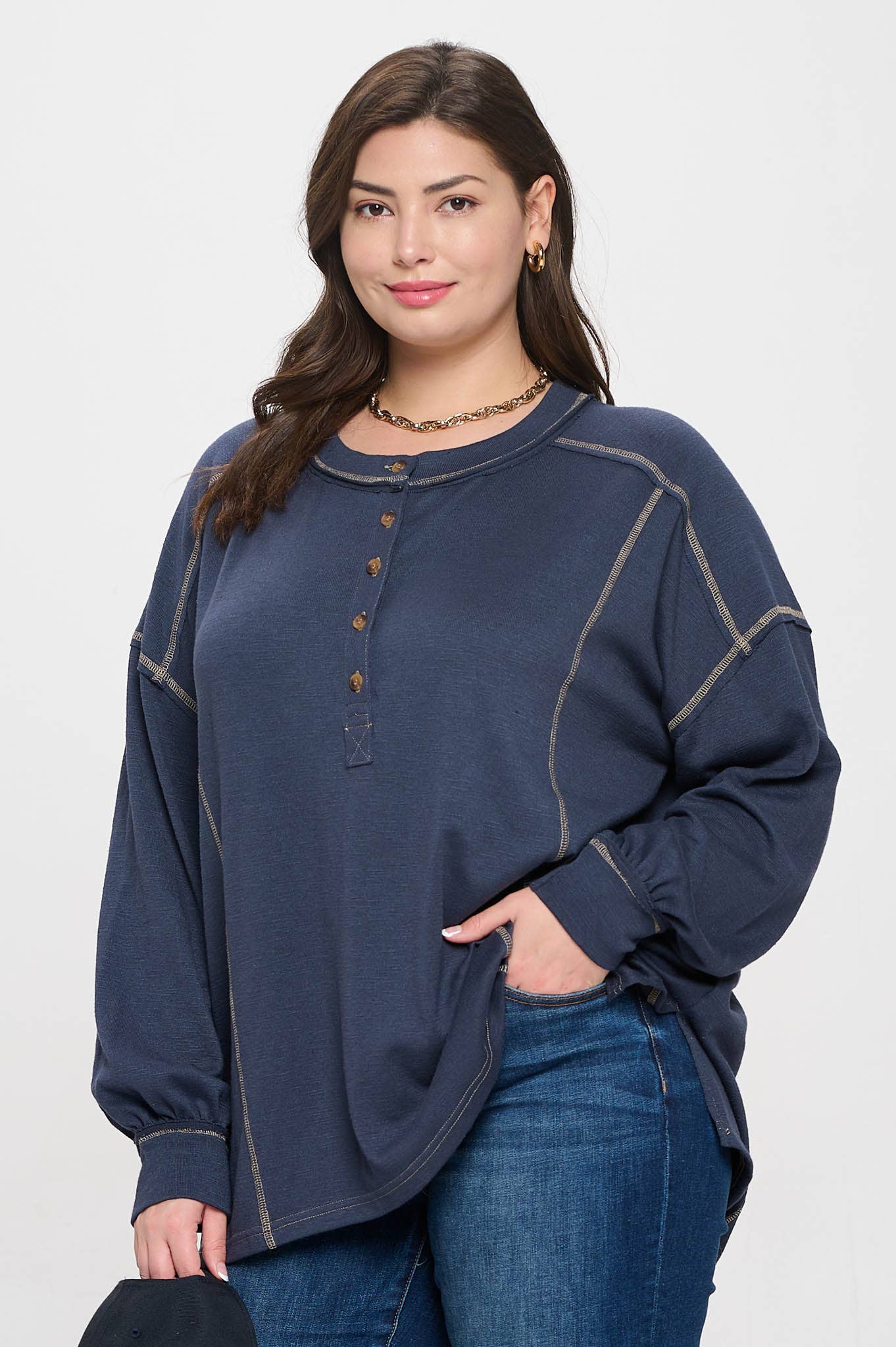 Plus Contrast Stitch Long Sleeve Knit Top