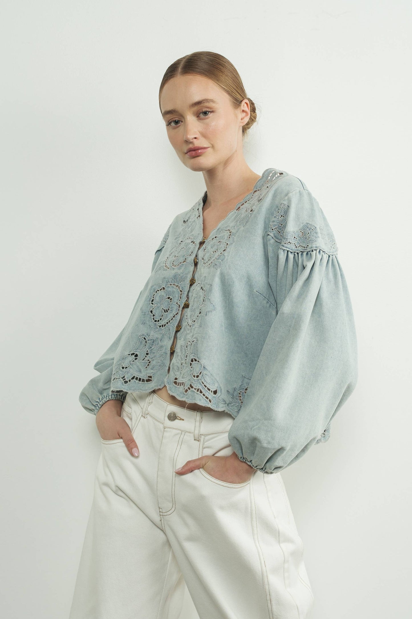 Denim Top with Embroidery detail and volume sleeve