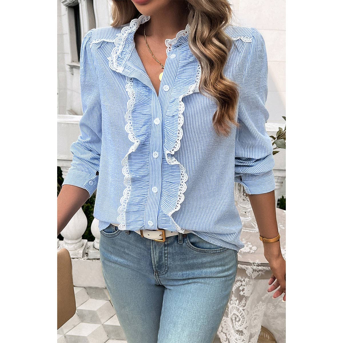 Strip Button Ruffle Lace Trim Puff Fit Blouse