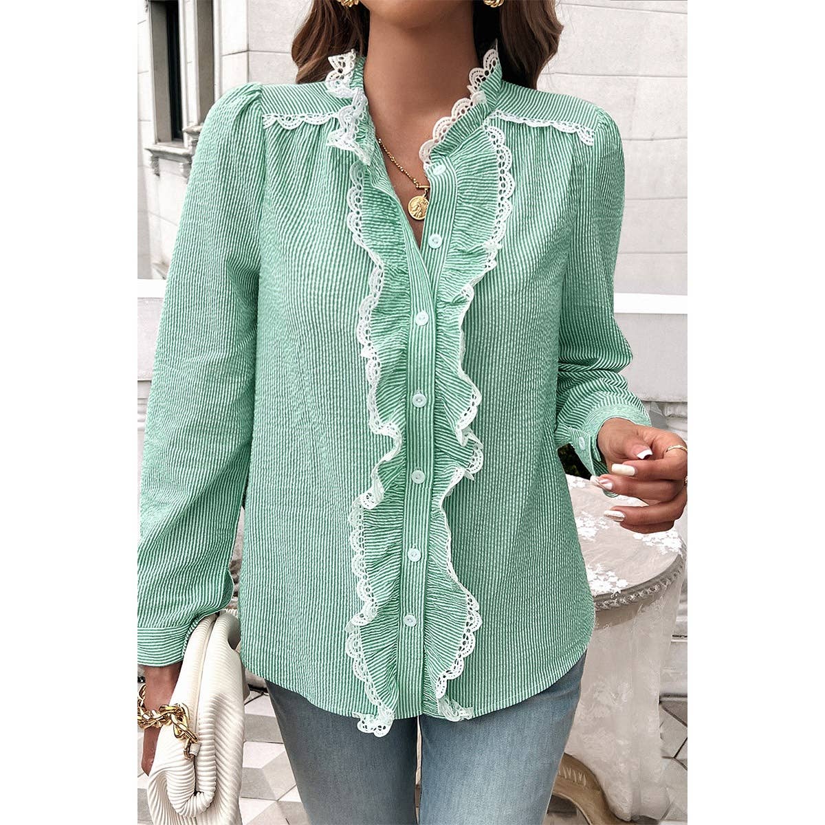 Strip Button Ruffle Lace Trim Puff Fit Blouse