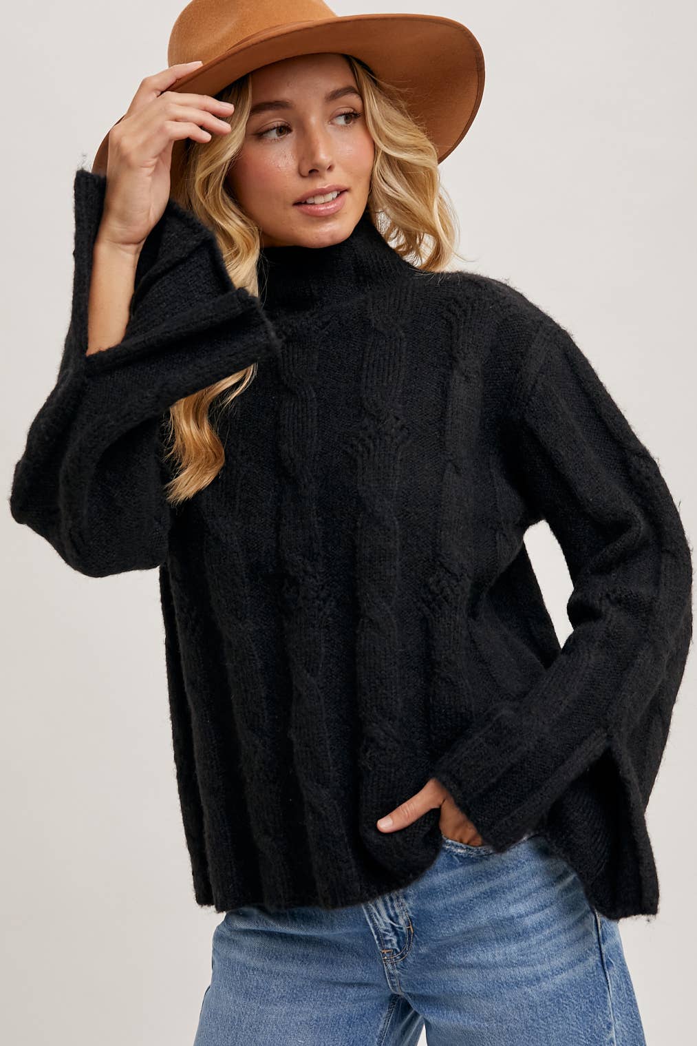 Mock Neck Slit Sleve Cable Knit Sweater