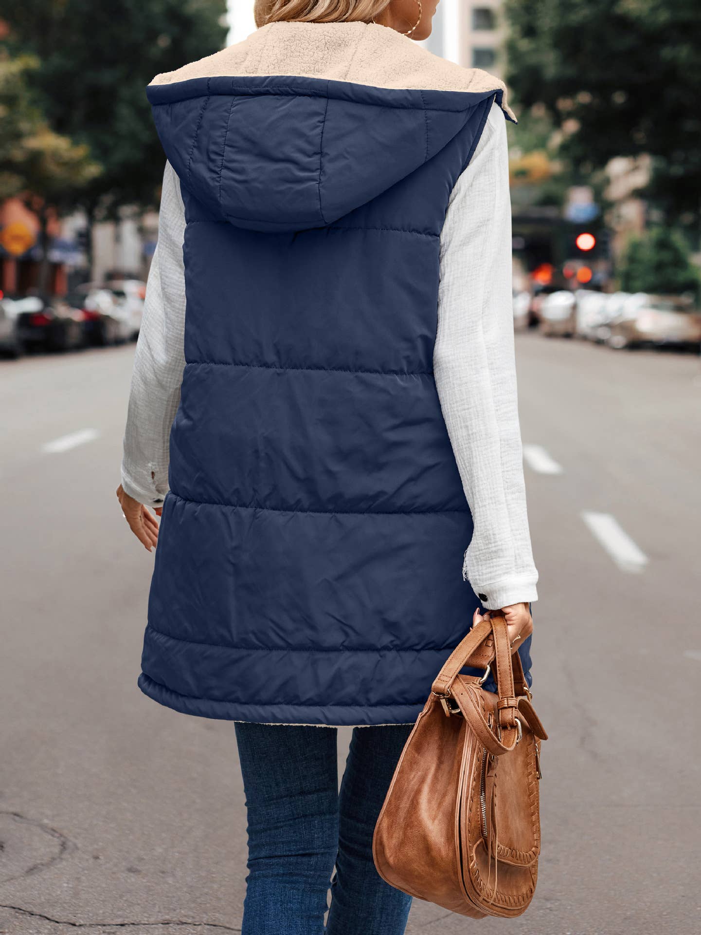 Reversible Sherpa Puffer Long Vest with Hood