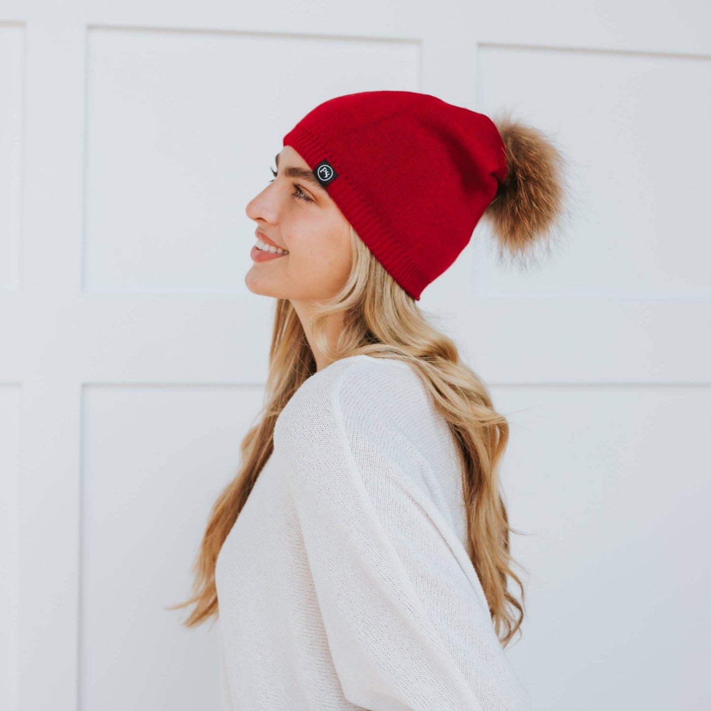 Fine Knit Angora Fur Pom Slouchy Beanie