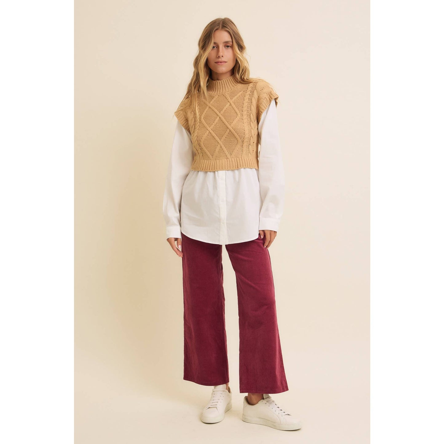 Mock Neck Cable Knit with Contrasting Bottom.