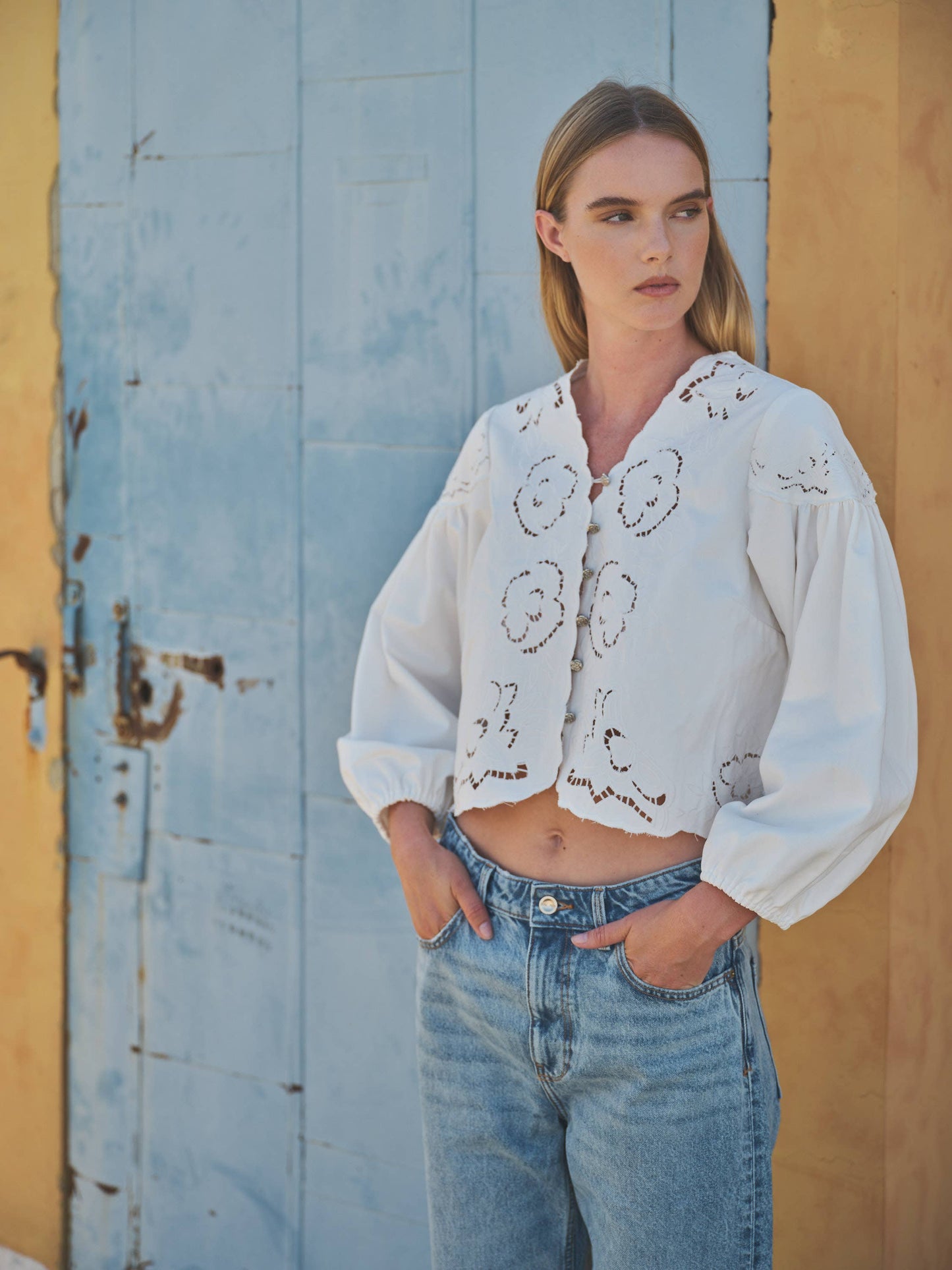 Denim Top with Embroidery detail and volume sleeve