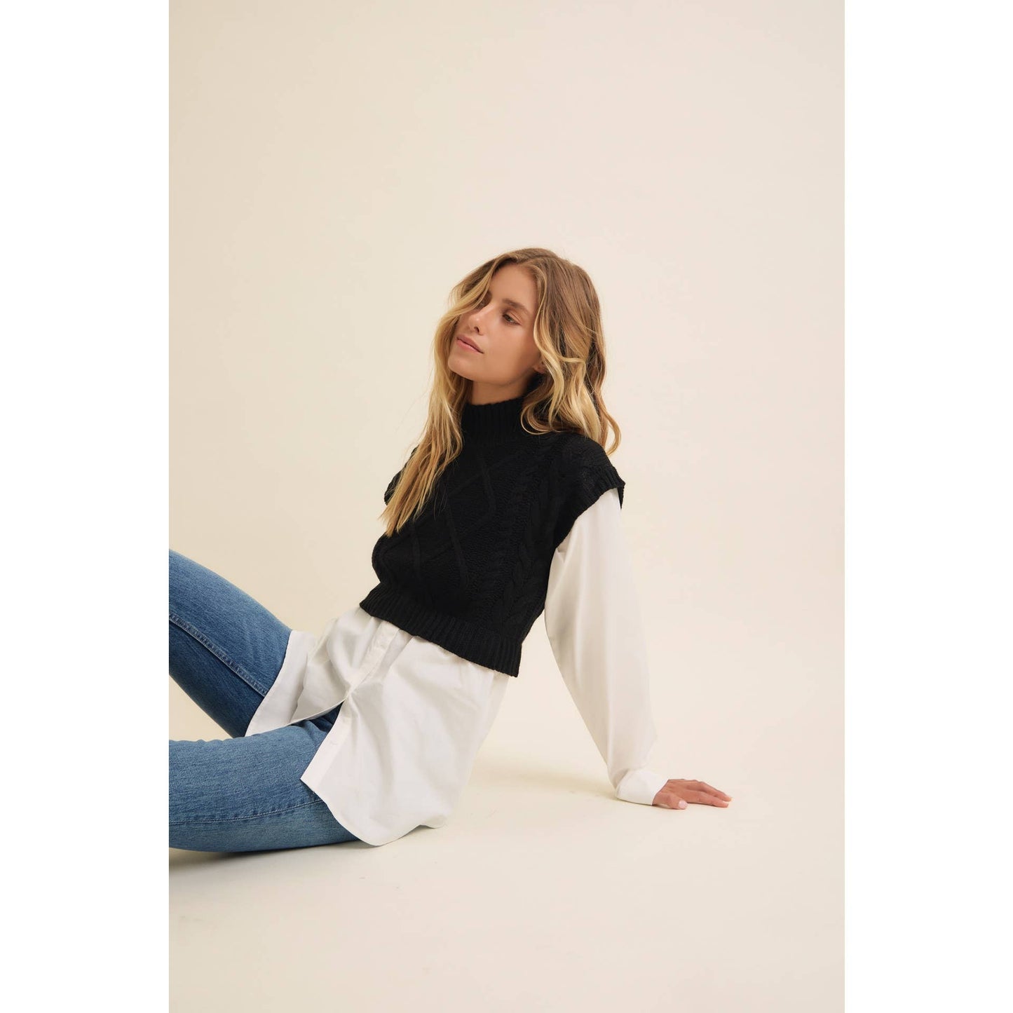 Mock Neck Cable Knit with Contrasting Bottom.