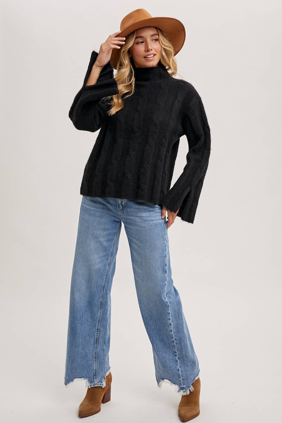 Mock Neck Slit Sleve Cable Knit Sweater