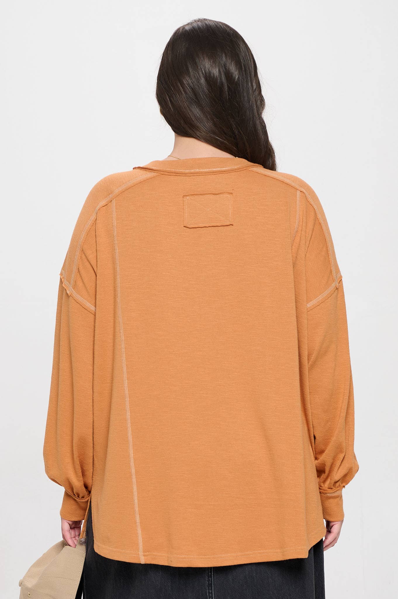 Plus Contrast Stitch Long Sleeve Knit Top