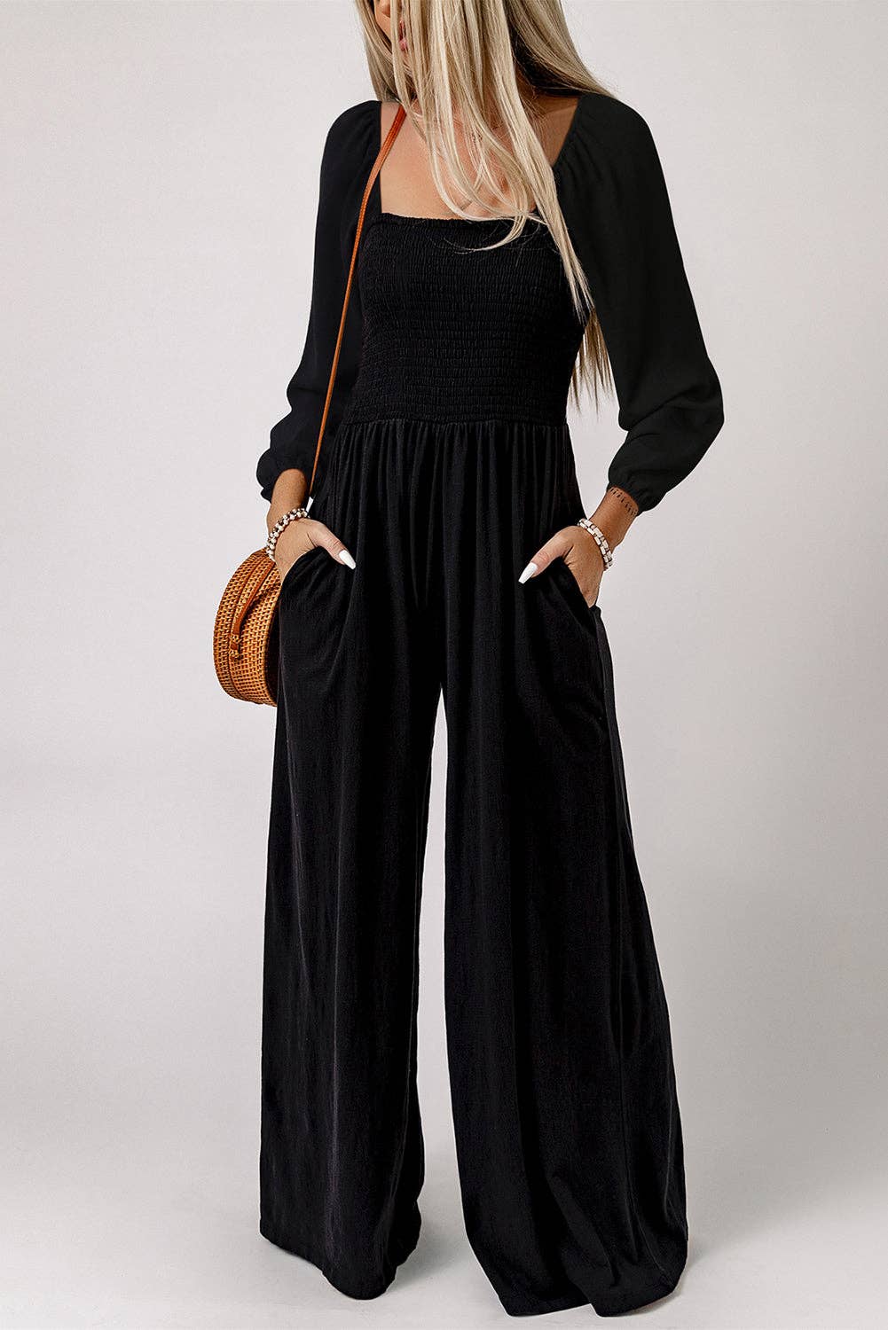 Smocked Square Neck Long Sleeve Wide Leg Jumpsuit