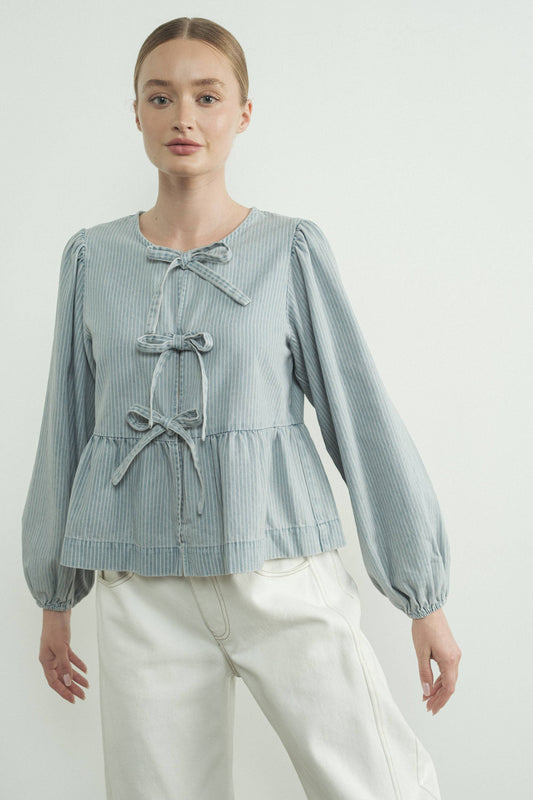 DENIM  LONG SLEEVE DENIM BOW TIE BLOUSE 2