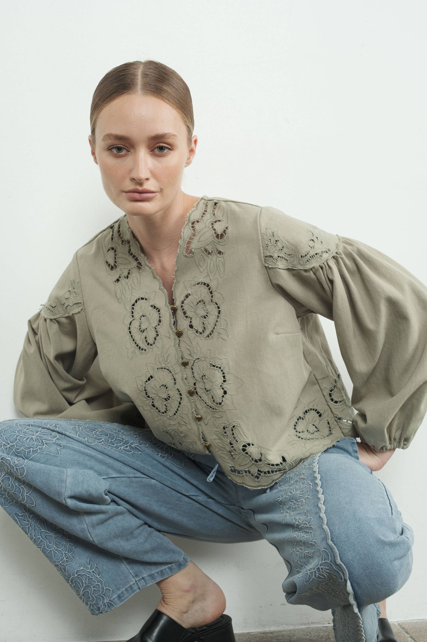 Denim Top with Embroidery detail and volume sleeve