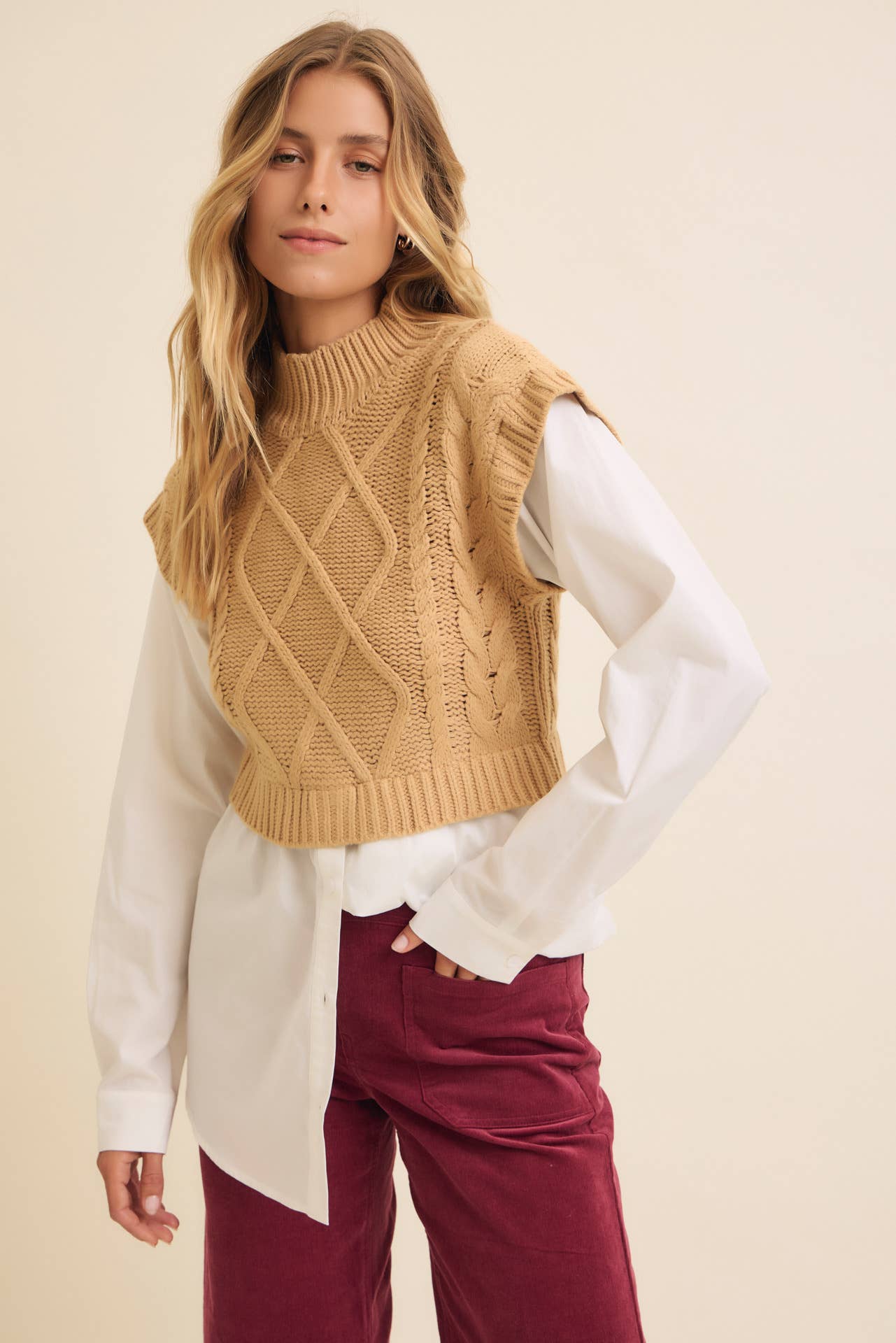 Mock Neck Cable Knit with Contrasting Bottom.