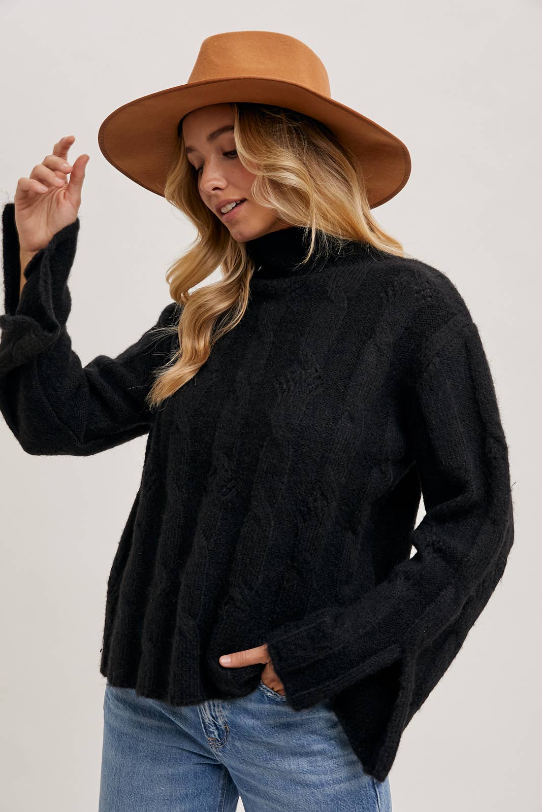 Mock Neck Slit Sleve Cable Knit Sweater