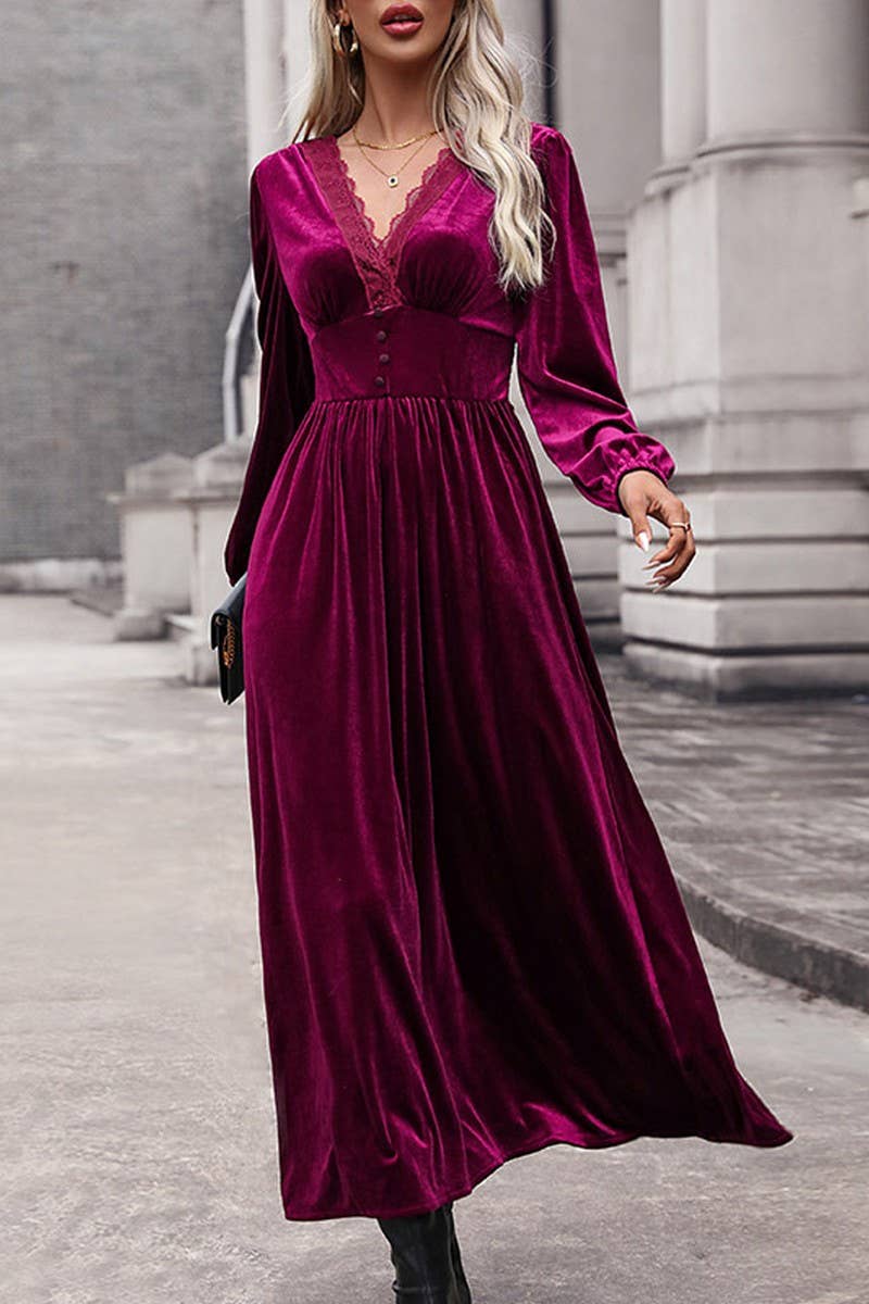 V-Neck Solid Color Long Sleve Dress