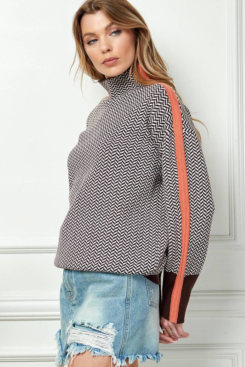 Print Knit Turtleneck Sweater