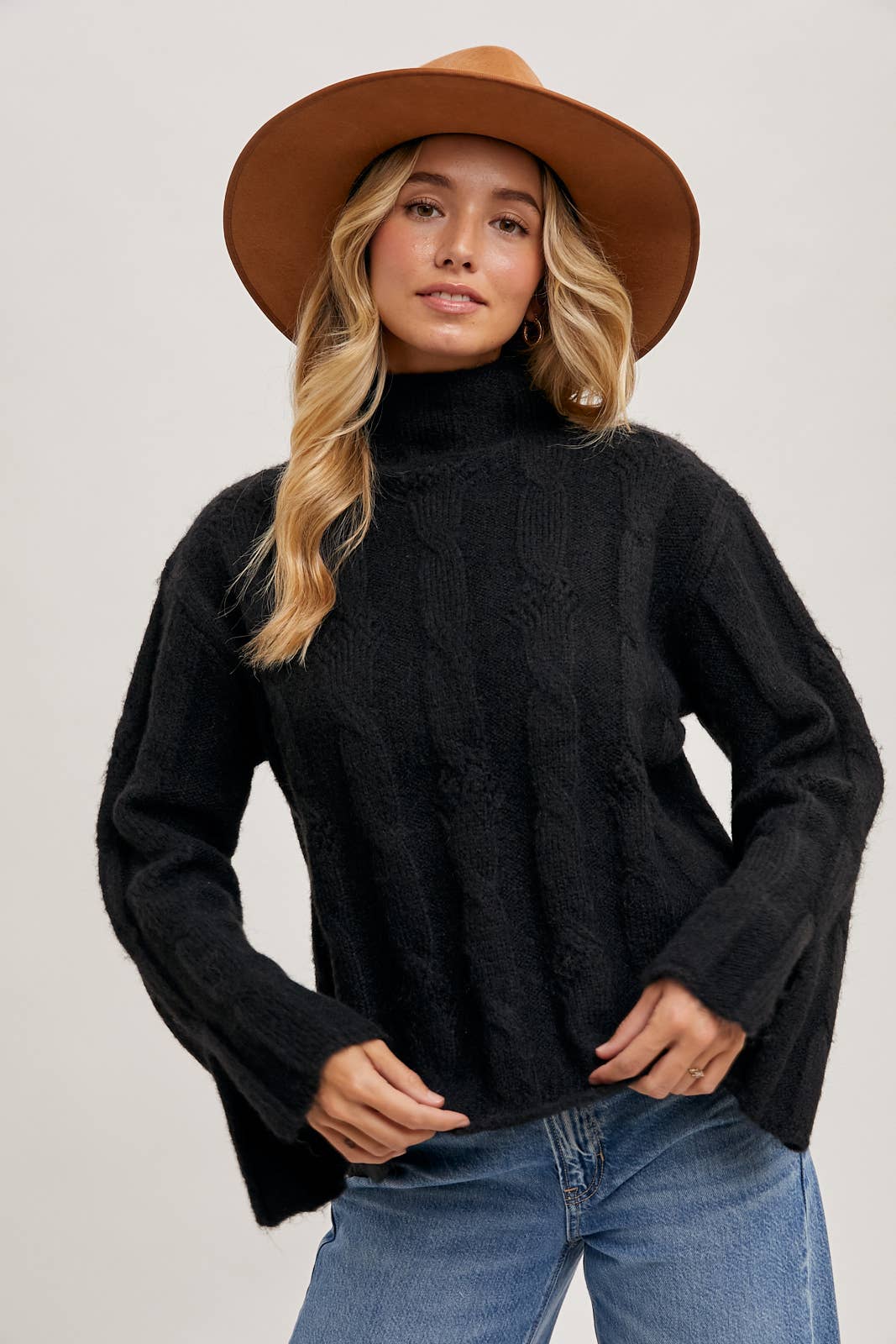 Mock Neck Slit Sleve Cable Knit Sweater