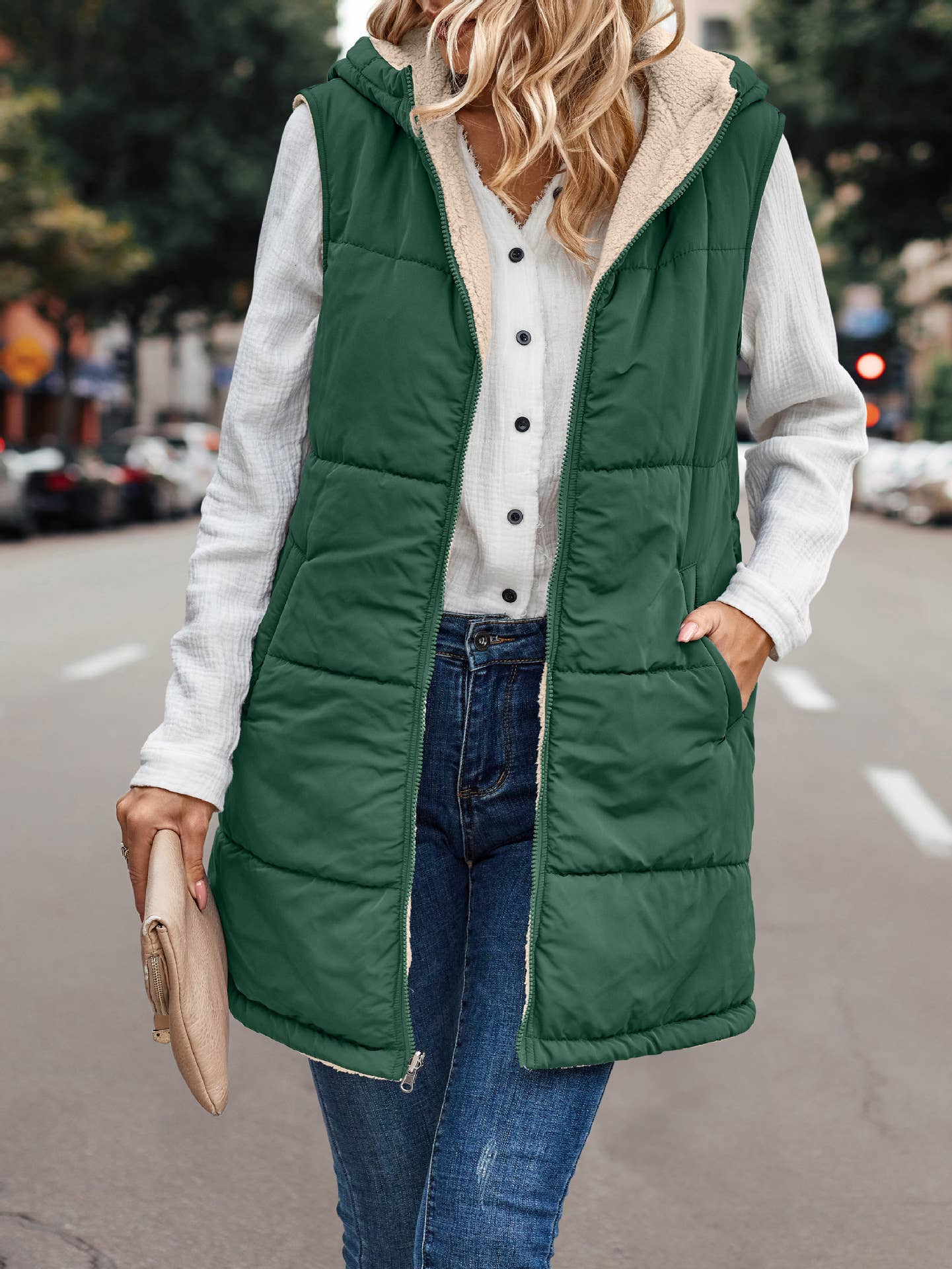 Reversible Sherpa Puffer Long Vest with Hood