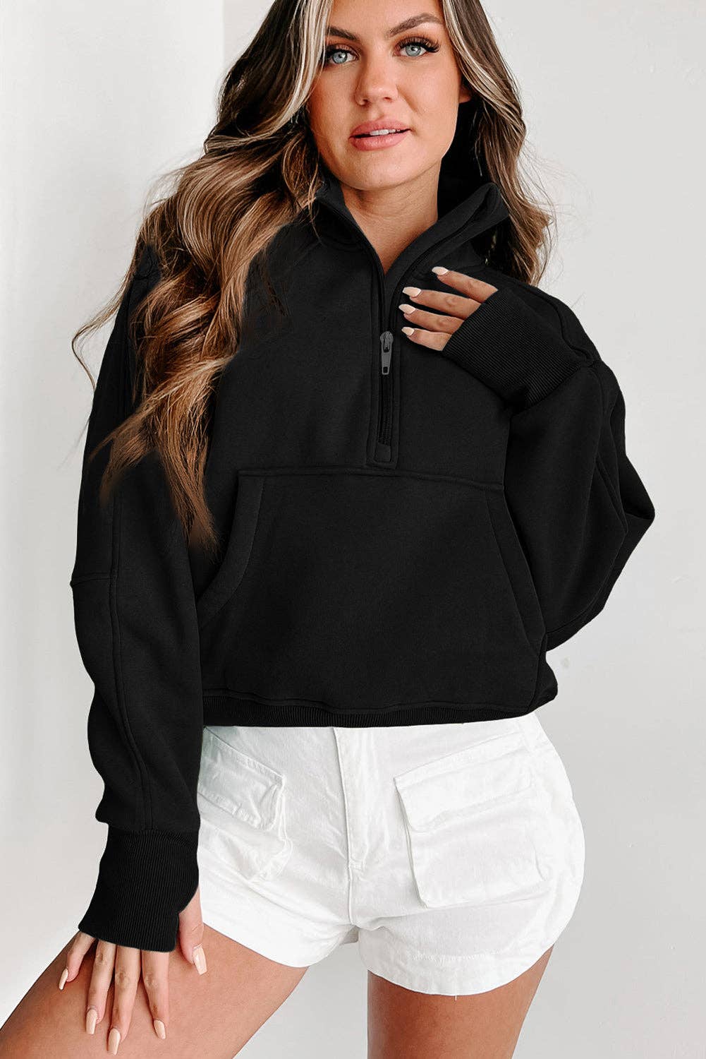 Zip Up Stand Collar Ribbed Thumbhole Sleeve Sweatshirt