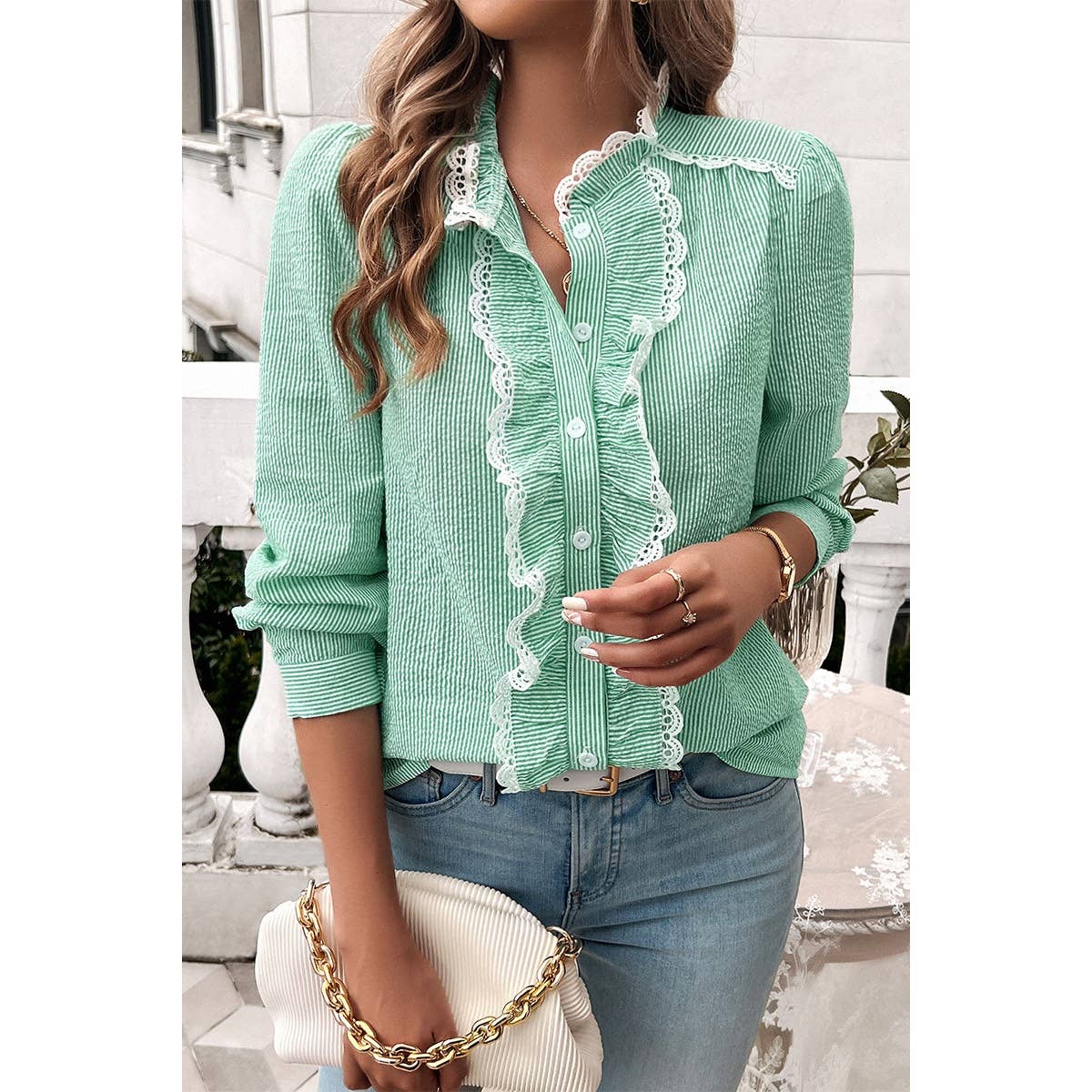 Strip Button Ruffle Lace Trim Puff Fit Blouse