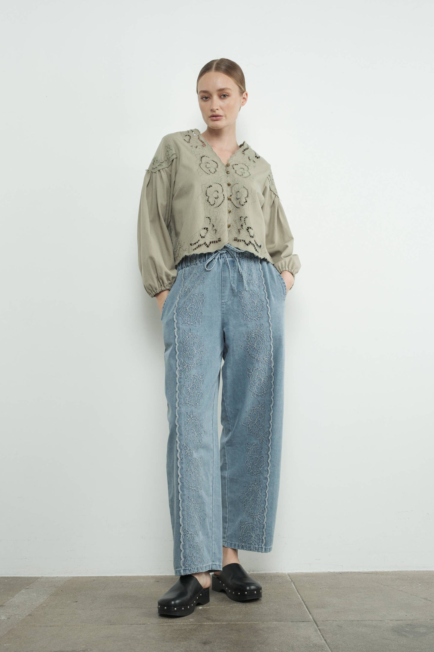 Denim Top with Embroidery detail and volume sleeve