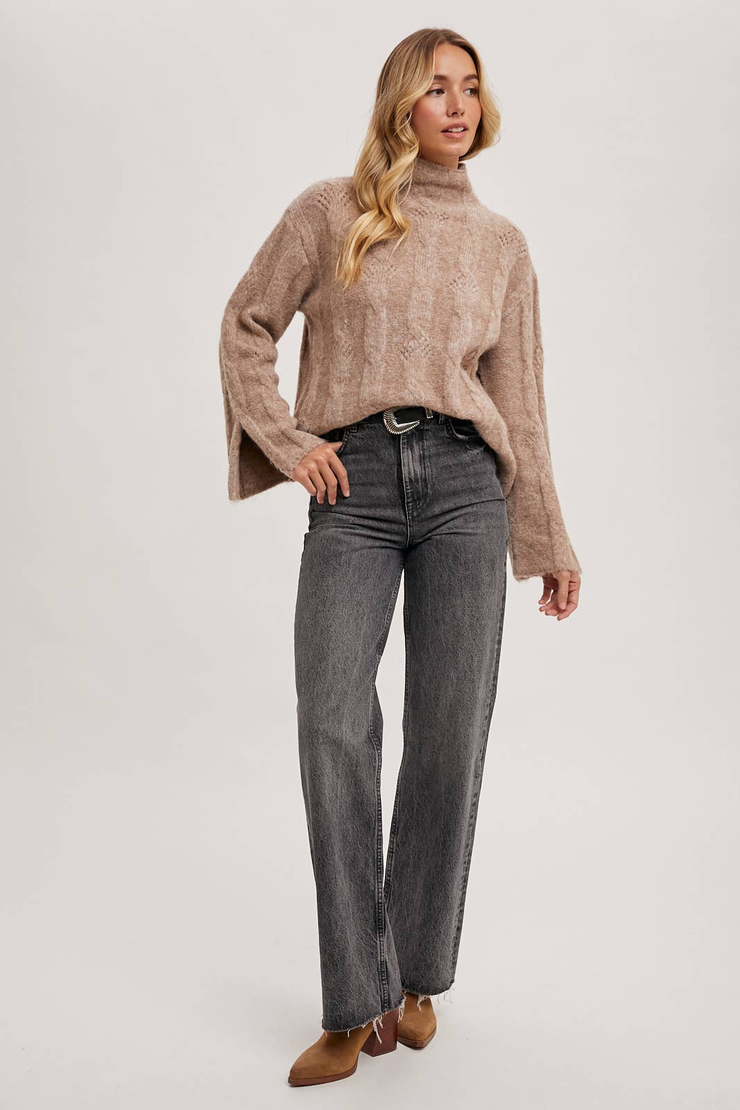 Mock Neck Slit Sleve Cable Knit Sweater