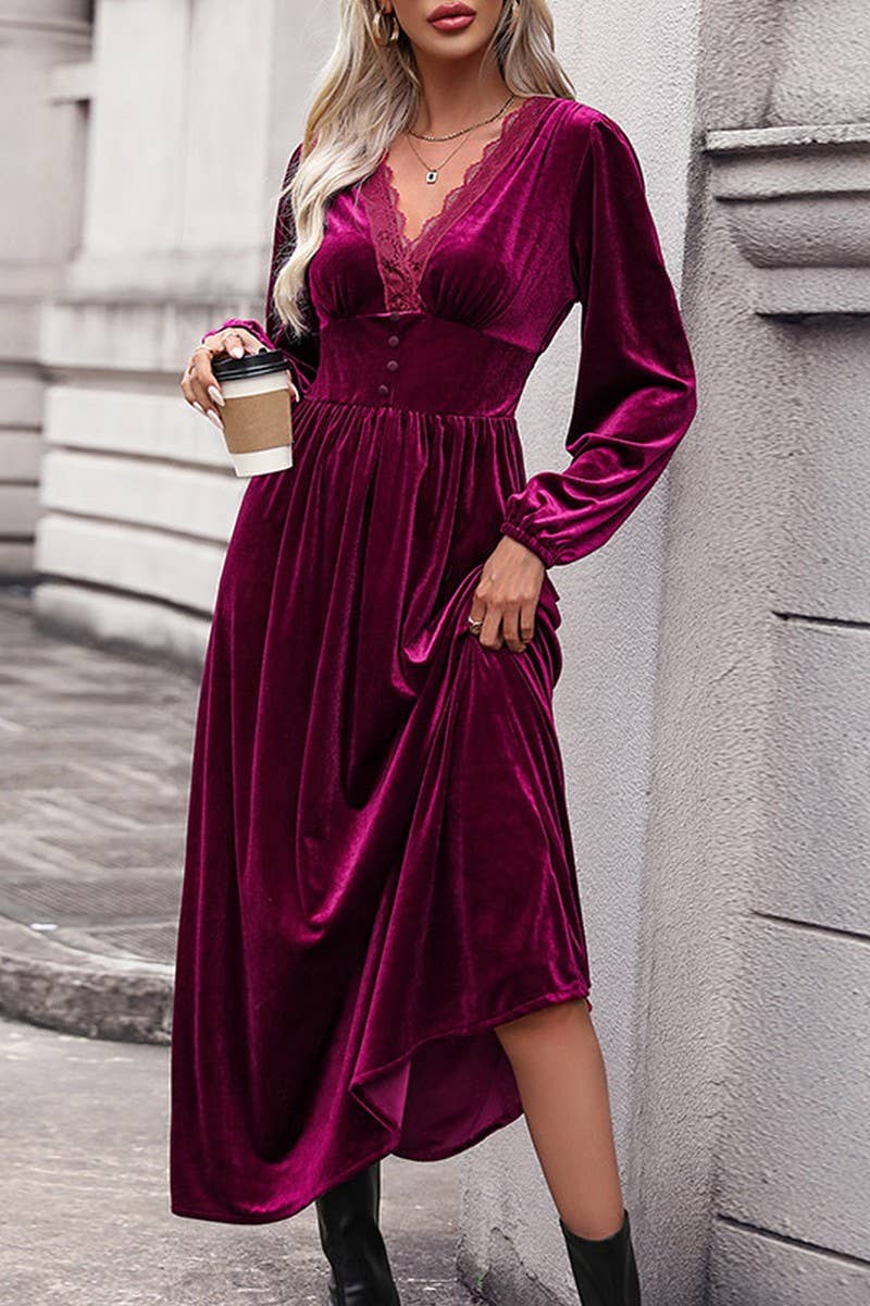 V-Neck Solid Color Long Sleve Dress