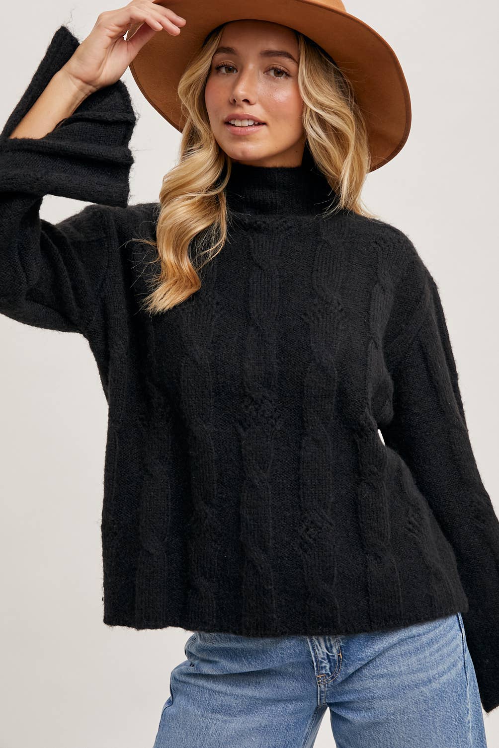 Mock Neck Slit Sleve Cable Knit Sweater