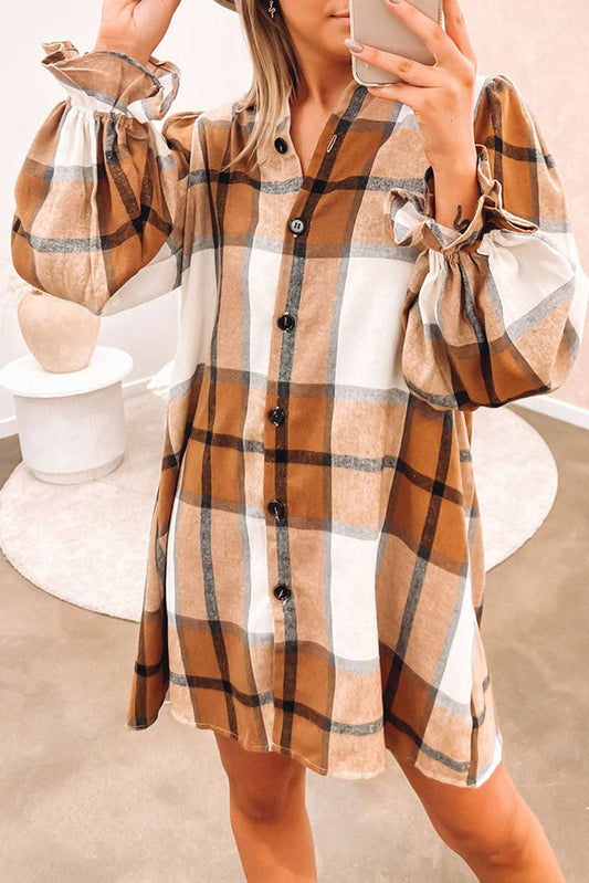 Elise Plaid Pattern Collared Neck Ruffled Sleeve Shirt Dress