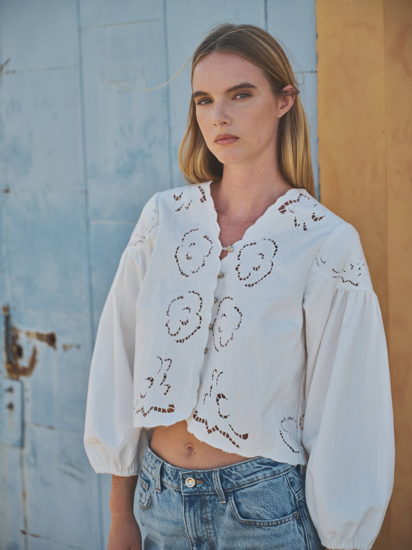 Denim Top with Embroidery detail and volume sleeve