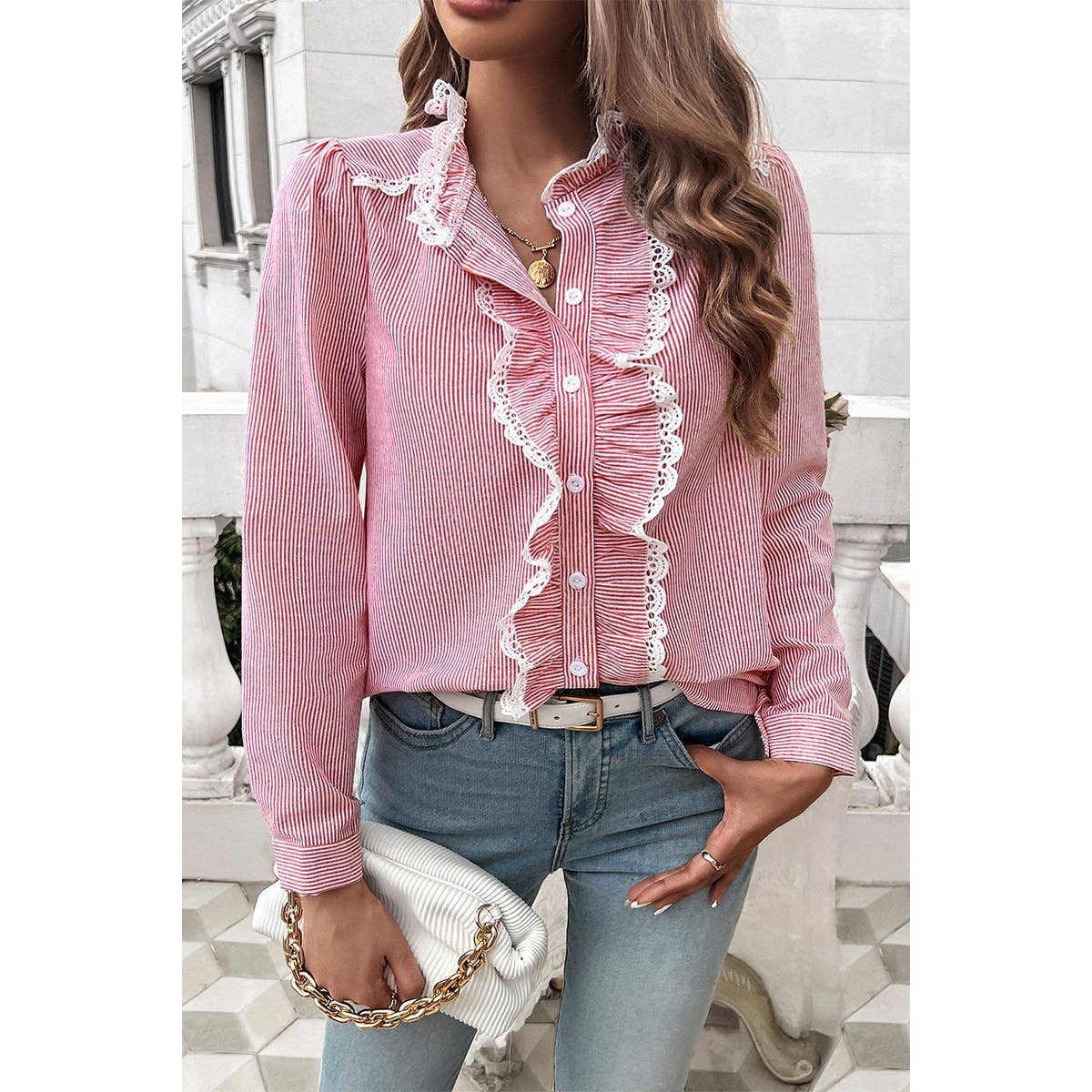 Strip Button Ruffle Lace Trim Puff Fit Blouse